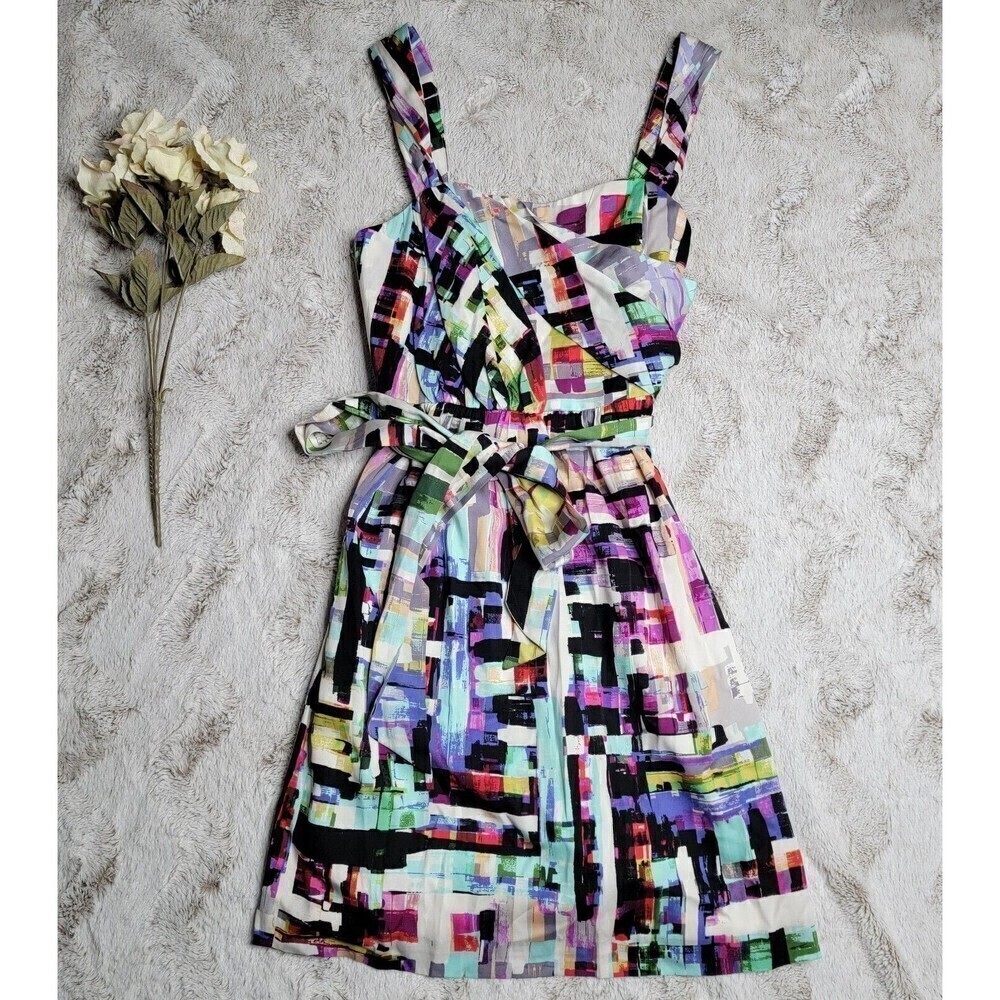 Ali Ra 100% Silk Abstract Geometric Block Colorful Sleeveless Dress Size 6‎